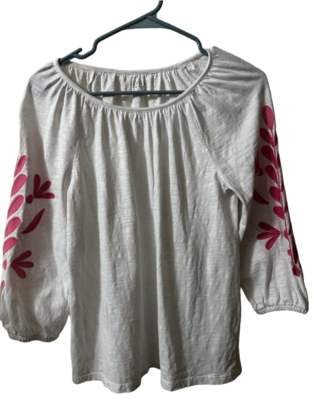 Women's Talbots Petite P Long Sleeve Embroidered Tee in White and Pink